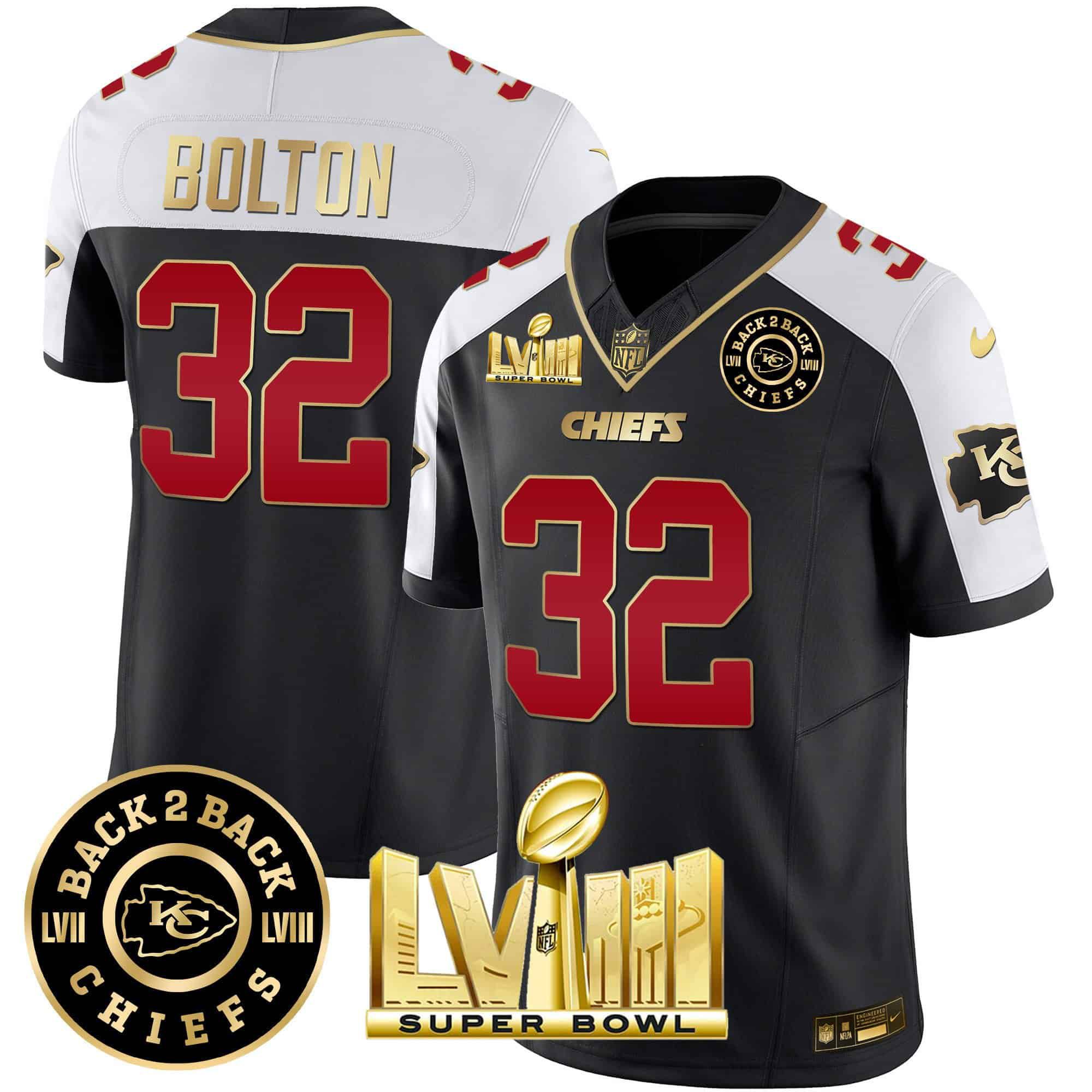 Men Kansas City Chiefs #32 Bolton Black 2024 Nike Super Bowl LVIII & Back-2-Back Patch Vapor NFL Jersey
